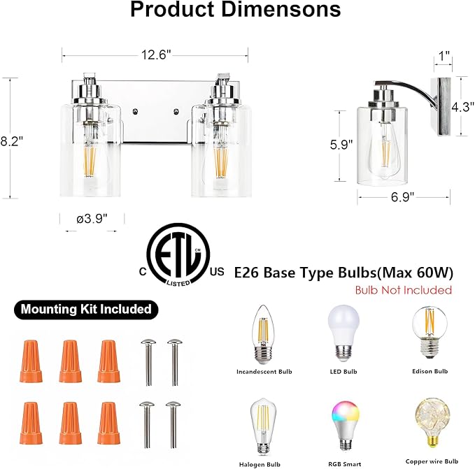 2-Light Bathroom Light Fixtures Modern Chrome Vanity Lights - Image 2