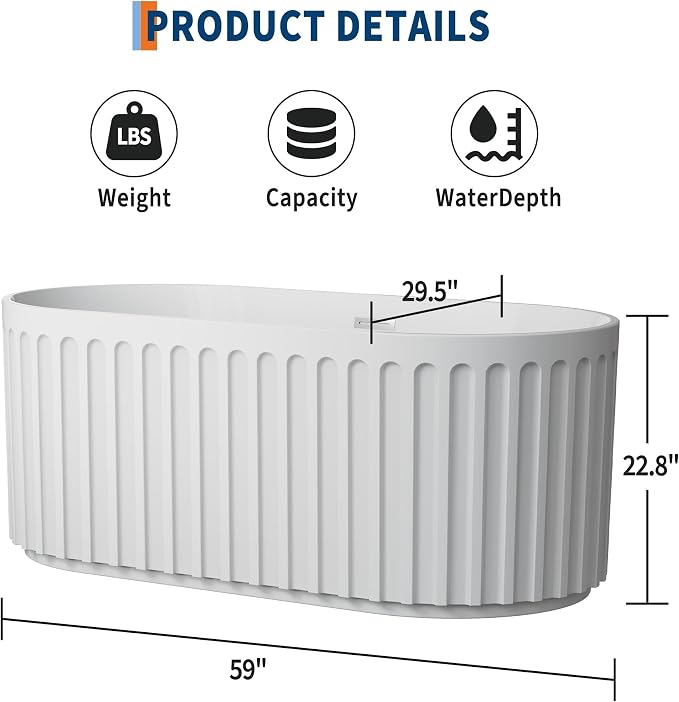 59" Freestanding Bathtub, Deep Soaking Tub - Image 2