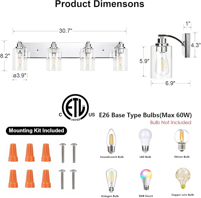 4-Light Bathroom Light Fixtures Modern Chrome Vanity Lights - Image 2