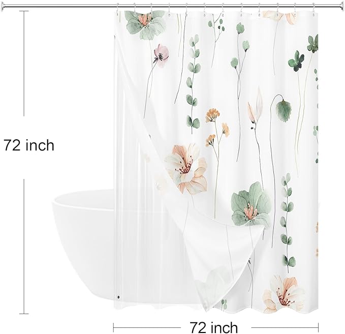 Gibelle 3 in 1 Shower Curtain Set, Sage Green Watercolor Floral Bath Curtain - Image 6