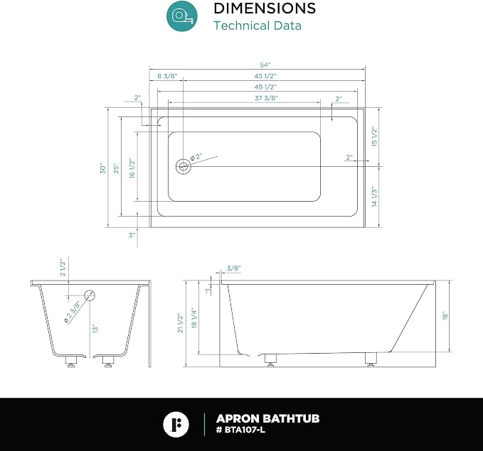 Fine Fixtures Acrylic, Fiberglass Alcove Soaking Bathtub - Image 9