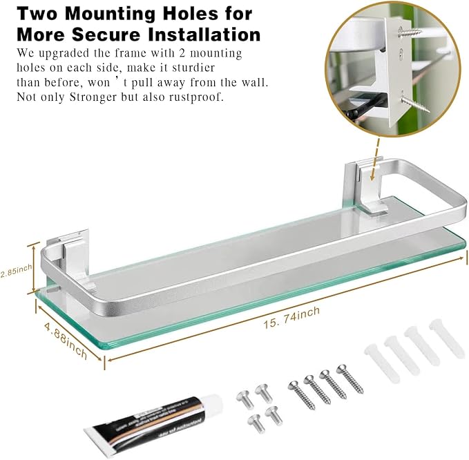VOLPONE Glass Bathroom Shelf 15.7in Bathroom Shelf Wall Mounted Floating Glass - Image 3