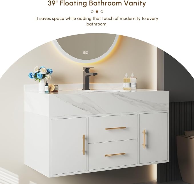 Bathroom Vanity with Sink 39" Floating Bathroom Vanity Sintered Stone Modern - Image 5