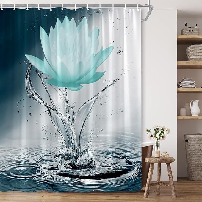Lotus Shower Curtain Black White Blue Teal Flower Elegant Blooming Floral by showercurtain