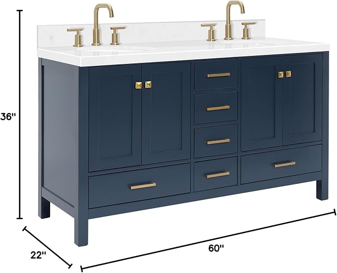 ARIEL Cambridge 60 Inch Midnight Blue Bathroom Vanity Double Sink, Solid Wood - Image 2