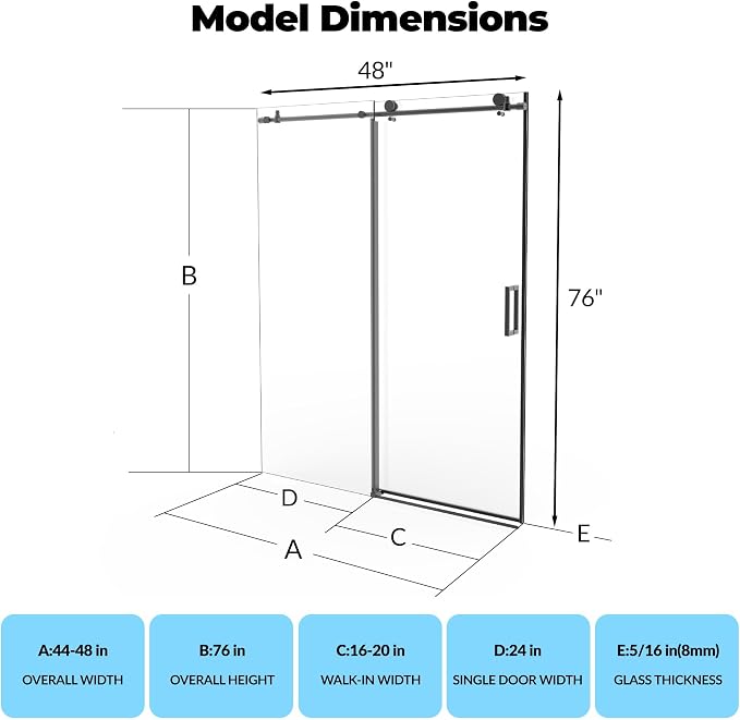 Frameless Shower Door, Adjustable 44"-48" Width x 76" Height, Features 8mm SGCC - Image 2