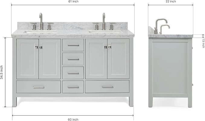 ARIEL Cambridge 61 Inch Grey Bathroom Vanity Double Sink, Solid Wood, Carrara - Image 2