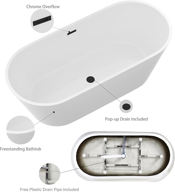 Logmey 67 Inch White Acrylic Freestanding Bathtub Oval Shape Soaking Tub - Image 6