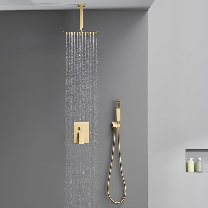 Shower System 12 Inches Rain Shower Combo Set Brushed Gold Ceiling Mount Shower - Image 3