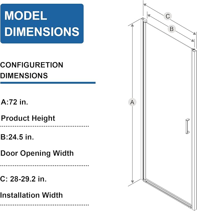 28” x 72” Pivot Shower Door, 1/4 inch Tempered Glass Panel Pivot Swing Shower - Image 8