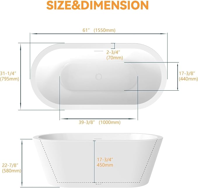 61" Freestanding Bathtubs, Acrylic Soaking Tubs - Image 2
