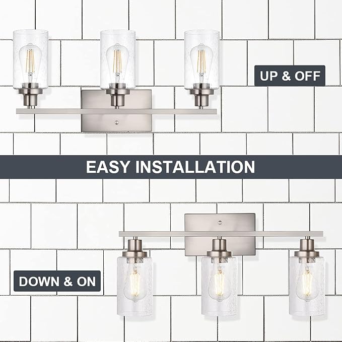 Bathroom Light Fixtures 3-Lights Seeded Glass in Brushed Nickel Finish - Image 5