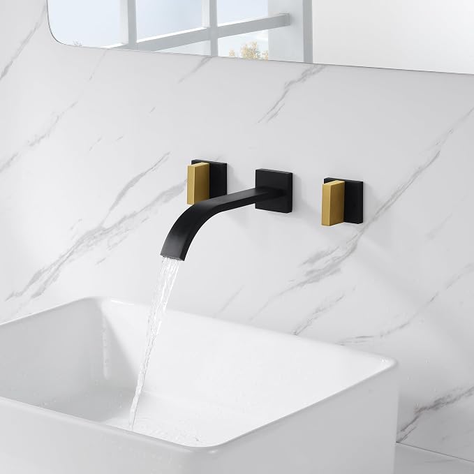SUMERAIN Wall Mounted Faucet for Bathroom Sink Black and Gold Finish, Lavatory - Image 3