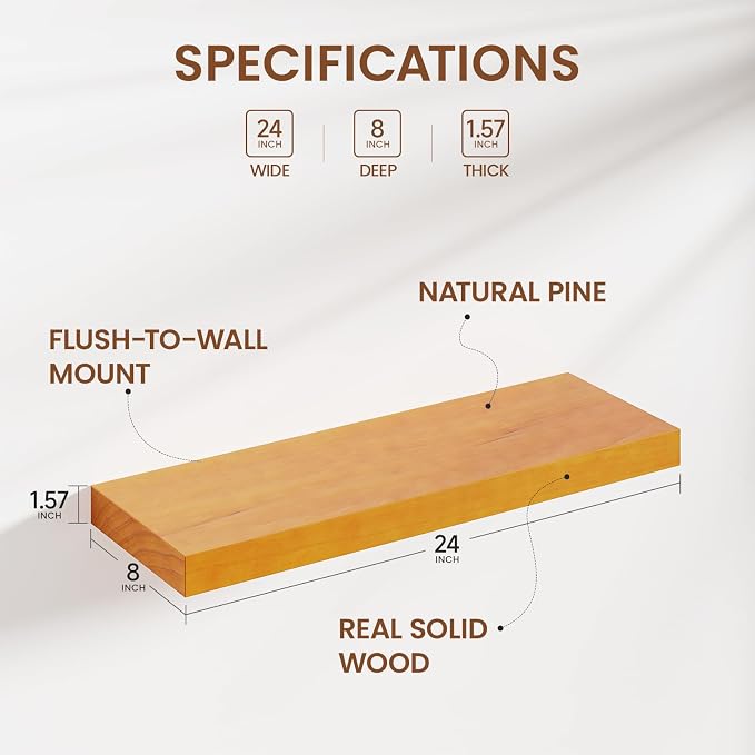 Pine Floating Wall Shelves 24 Inches Long x 8”x 1.4” Wooden Shelf Floating - Image 3