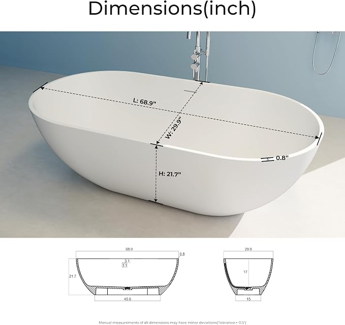 69" Premium Solid Surface Freestanding Bathtub, Oval Stone Resin Tub - Image 4