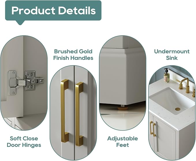 30 Inch Bathroom Vanity with Sink Combo, Solid Wood Frame with Mable Top - Image 6