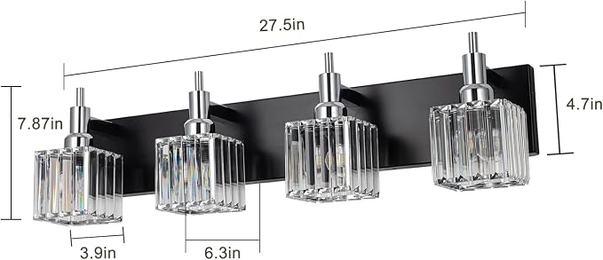 Black Chrome Bathroom Vanity Lights, Modern 4 Lights Crystal Bathroom Lighting - Image 3