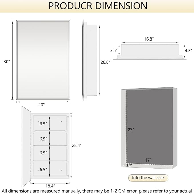 Bathroom Medicine Cabinet with 20x30 in Rectangular Beveled Frameless Mirror - Image 2