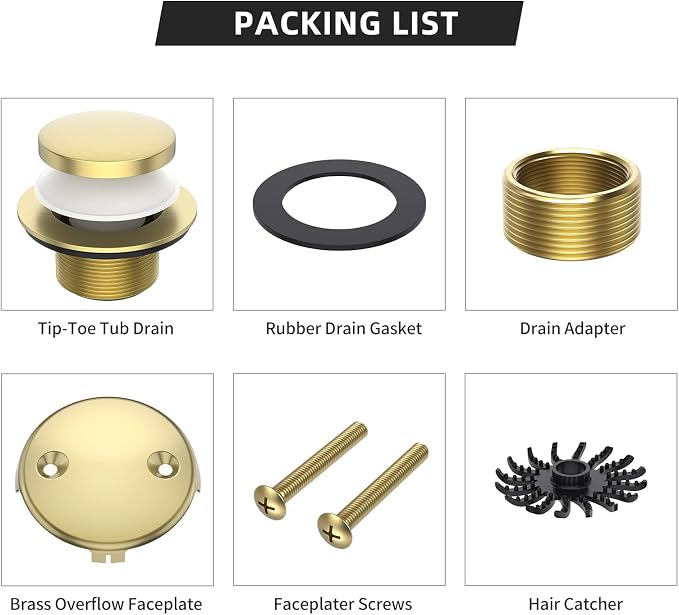 Brushed Gold Tub Drain, Brass Bathtub Drain Kit - Image 5
