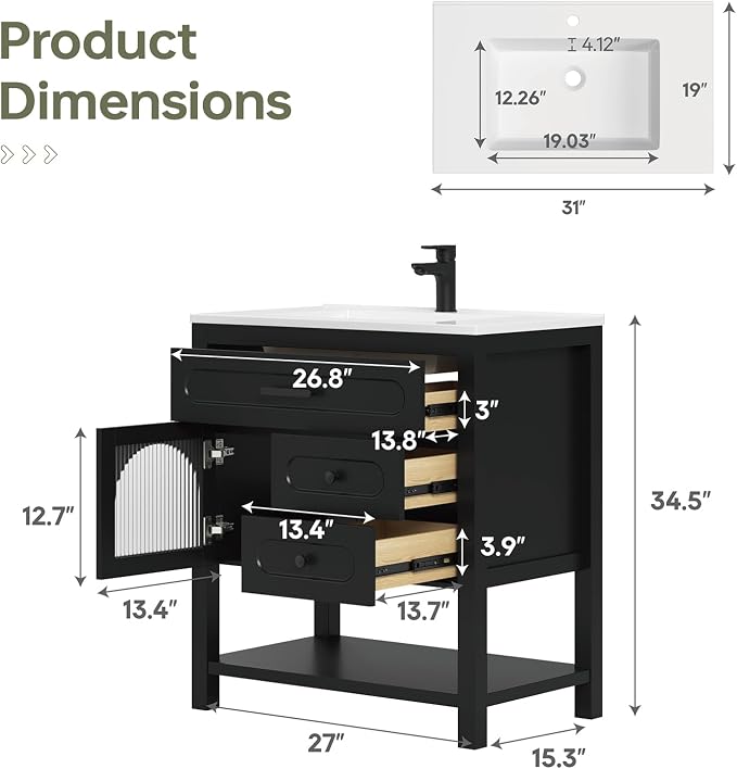 30 Inch Bathroom Vanity with Sink, Modern Black Bathroom Vanity with - Image 7
