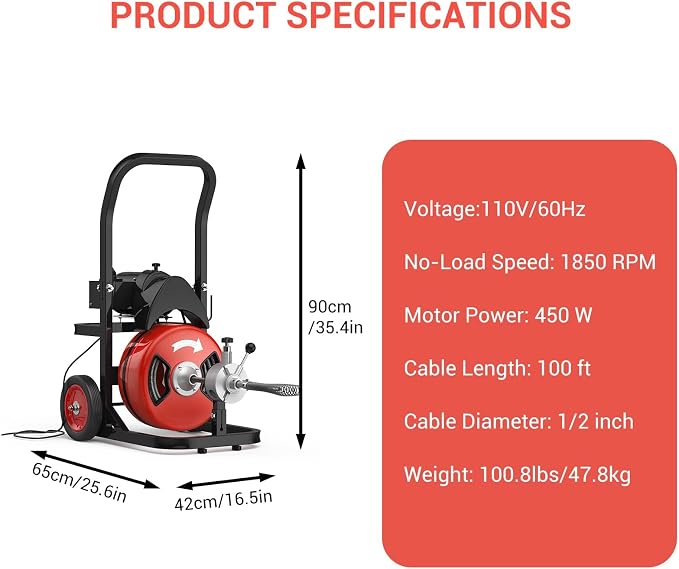 100Ft 1/2 Inch Cable Drain Cleaning Machine, 450W Auto Feed Portable Electric - Image 2