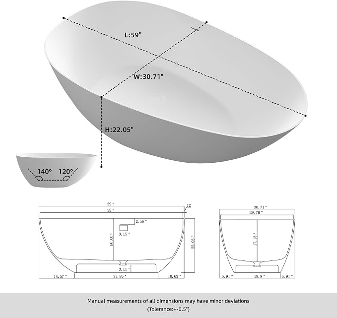 59" Stone Resin Freestanding Bathtub, Oval Solid Surface Bathroom Freestanding - Image 2