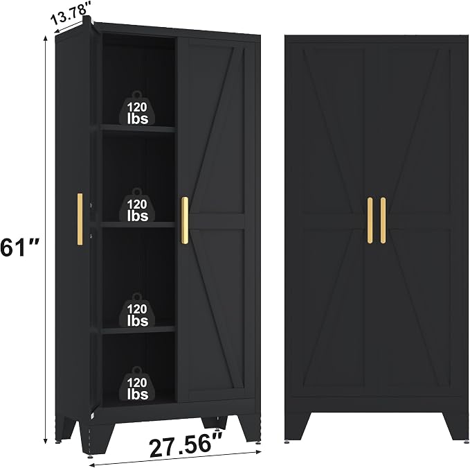 61H Metal Storage Cabinet with 2 Doors and Adjustable Shelves, Farmhouse - Image 2