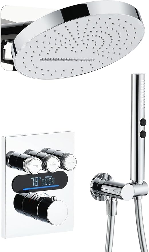 Lefton Shower System in Fahrenheit Display, 13” Overhead Round Rainfall Shower by LeftonSanitary