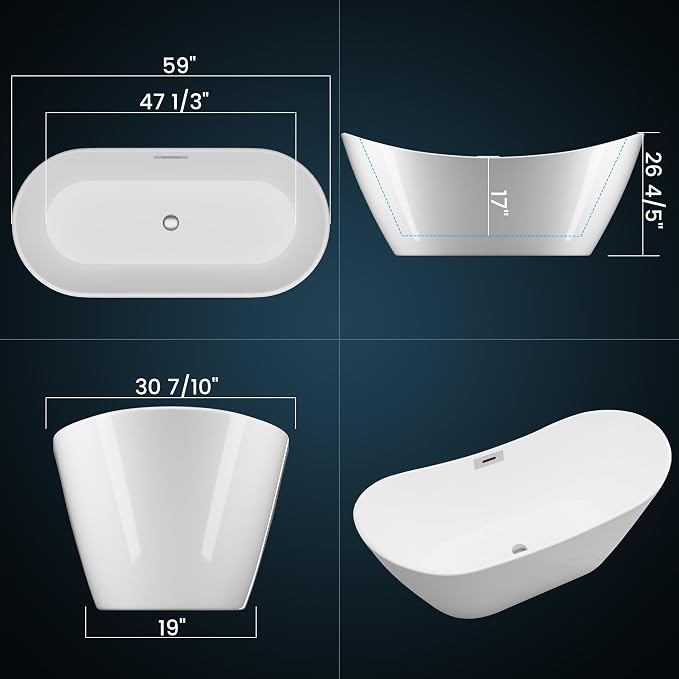 59'' Acrylic Freestanding Bathtub, Deep Soaking Tub - Image 2