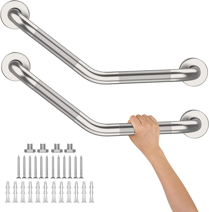 16 Inch Angled Shower Grab Bar, Munzong 2 Pack Anti Slip Satin Brushed Nickel by Munzong