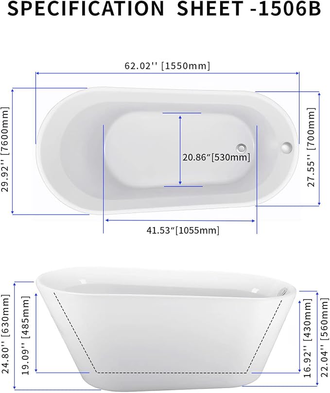 61" Acrylic Freestanding Bathtub, Single Slipper Free Standing Tub, Soaking Tub - Image 2