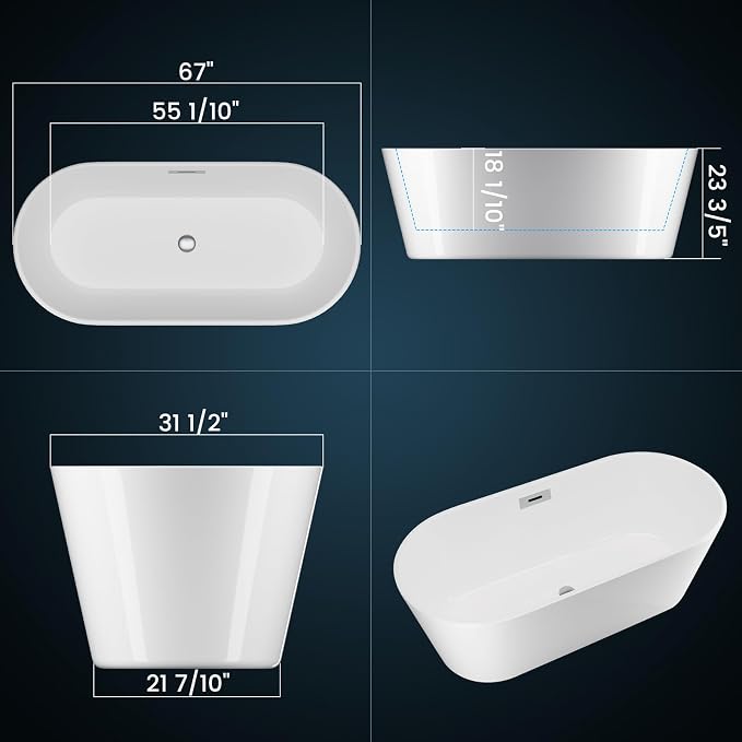 67 in Acrylic Freestanding Bathtub, Contemporary Stand Alone Tub, Glossy White - Image 3