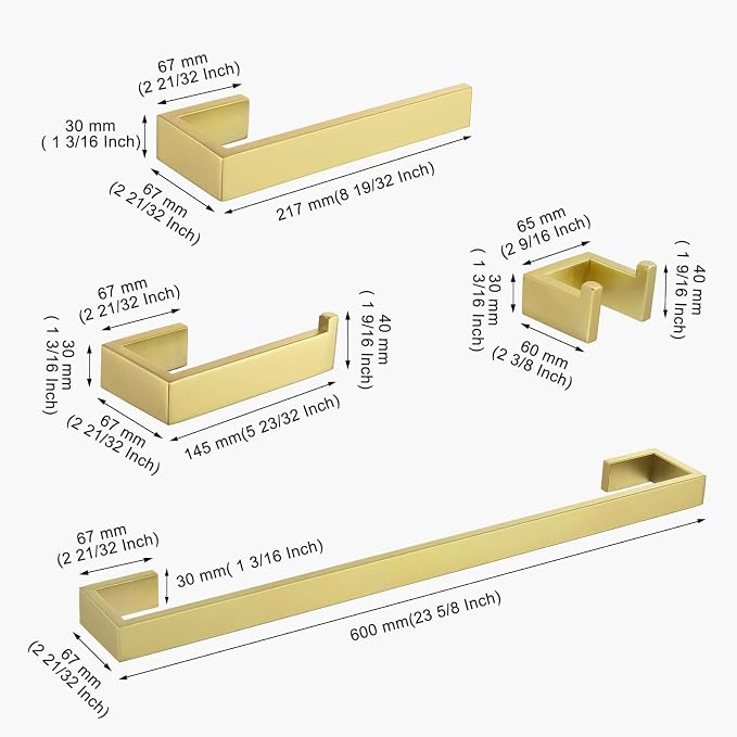 TNOMS Light Gold Towel Bar Set 4 Pieces Bathroom Hardware Set Wall Mounted - Image 6