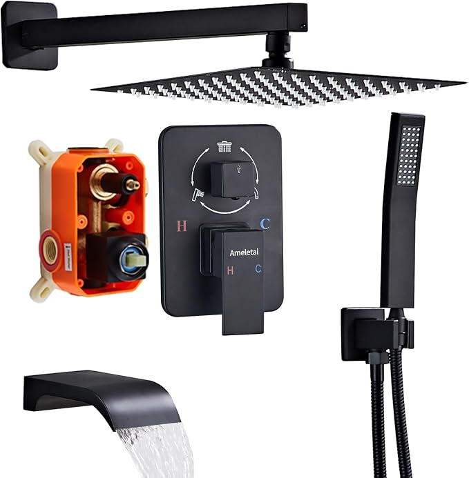 10" Matte Black Shower Faucet Set – Square Rainfall Showerhead + Handheld & by Ameletai