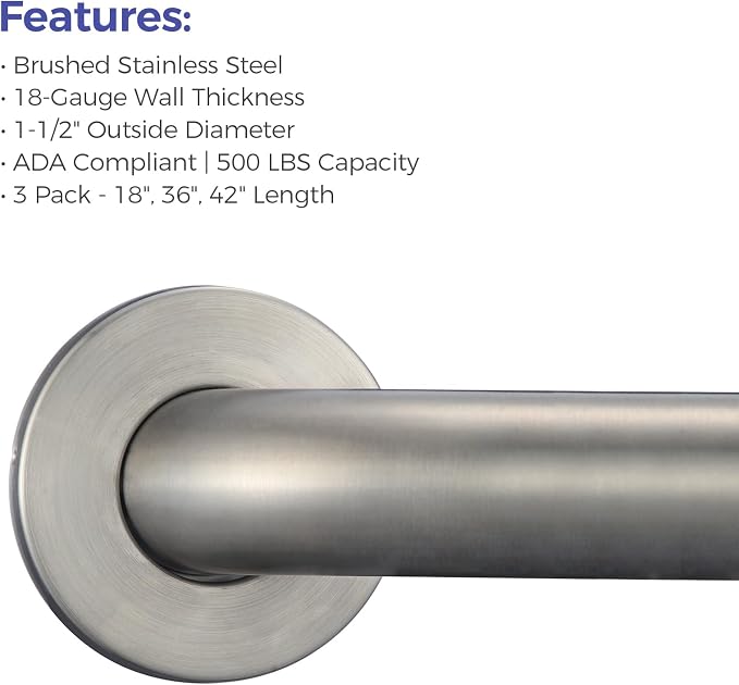 Grab Bar Bundle for ADA Compliance, Brushed Stainless Steel Grab Bar Set for - Image 5