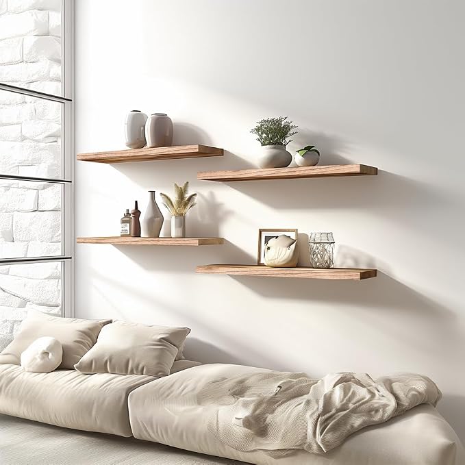 Light Wood Floating Shelves for Wall Rustic Wall Shelves for Bedroom Set of 6 - Image 8