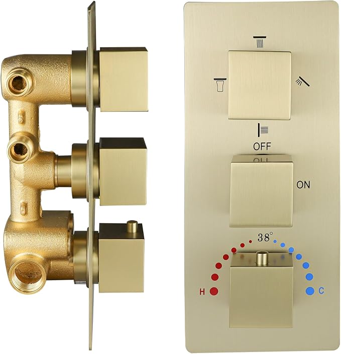 Brass 4 Ways Shower Diverter Valve Brushed Gold, HOMEDEC Thermostatic 4 Outlets by HOMEDEC