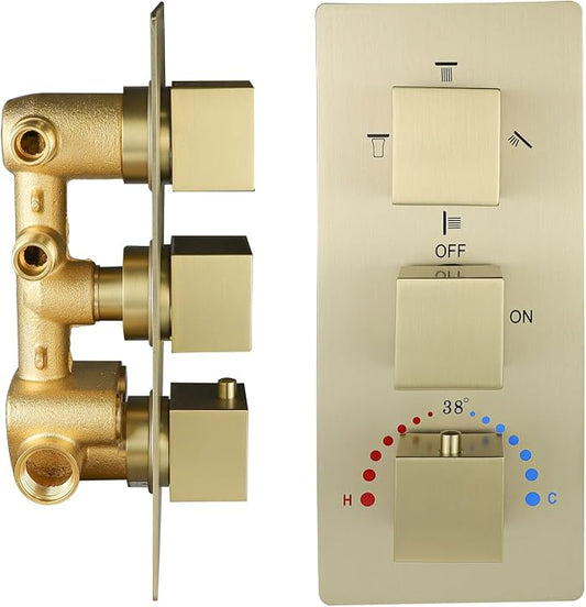 Brass 4 Ways Shower Diverter Valve Brushed Gold, HOMEDEC Thermostatic 4 Outlets by HOMEDEC
