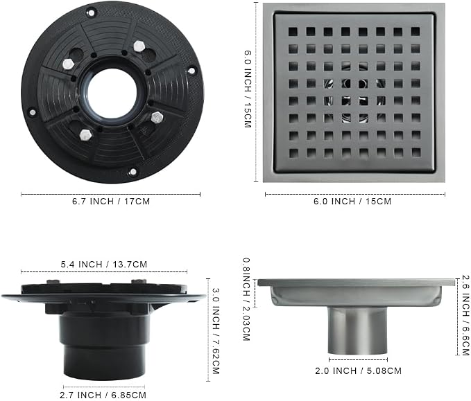 4 Inch Square Shower Drain, SUS 304 Stainless Steel Shower Drain - Image 4