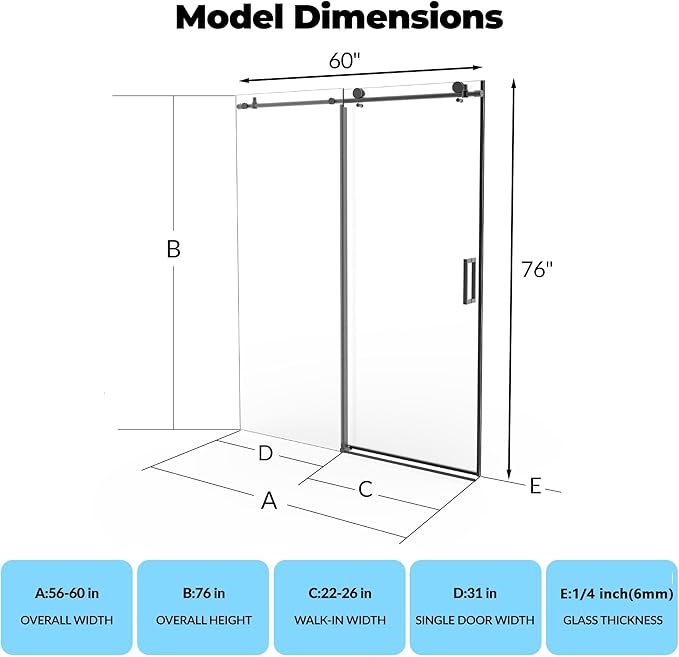 Frameless Shower Door, Adjustable 56"-60" Width x 76" Height, Features 6mm SGCC - Image 2