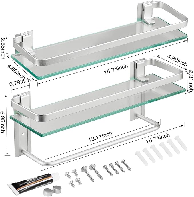 VOLPONE Glass Bathroom Shelf 15.7in Bathroom Shelf Wall Mounted Floating Glass - Image 6