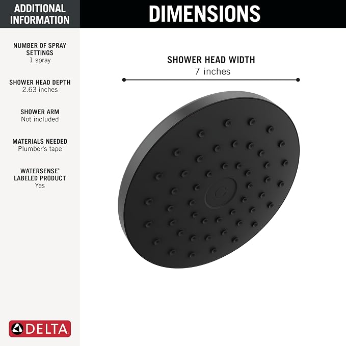 Delta PivotPro Matte Black Rain Showerhead, Single Setting 7 Inch Round Shower - Image 4