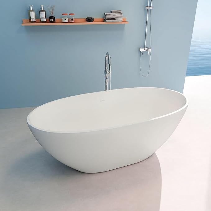 Upgraded 61" Solid Surface Freestanding Bathtub, Oval Stone Resin Tub - Image 2