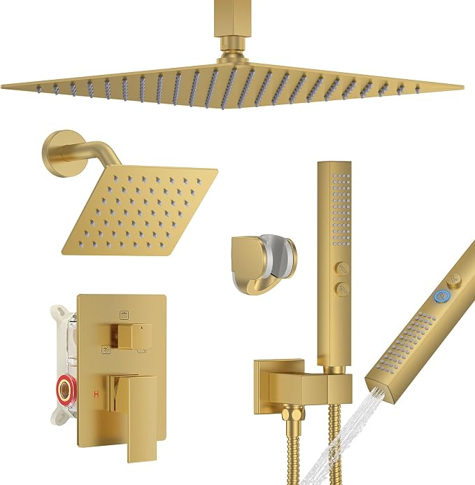 Shower Faucet Set, Ceiling Mount Rainfall Shower Head System 12" + 6" Dual Rain by FAROLAN