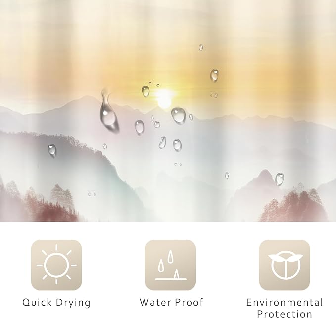 Riyidecor Misty Mountain Shower Curtain 60Wx72H Inch Red Sunrise Nature Scenery - Image 7