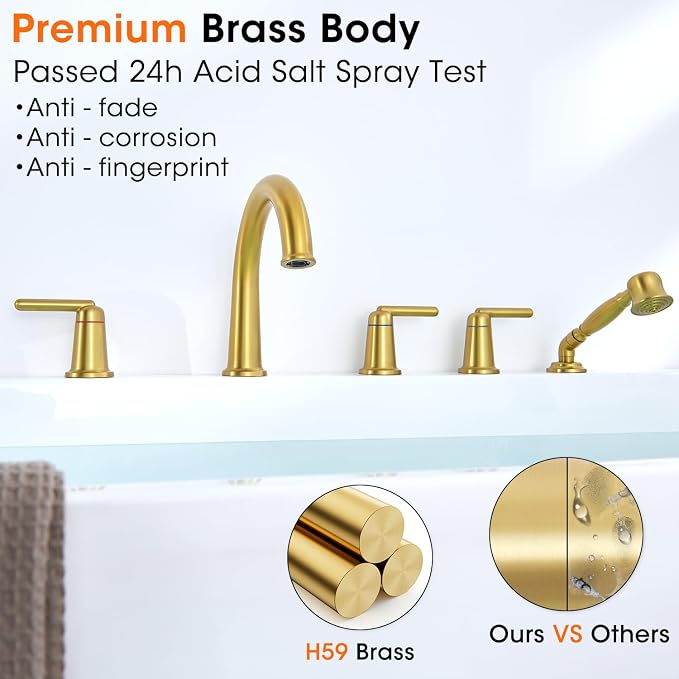 Roman Bath Tub Faucet Set with Sprayer, 5 Hole Widespread Deck Mount Bathtub - Image 9