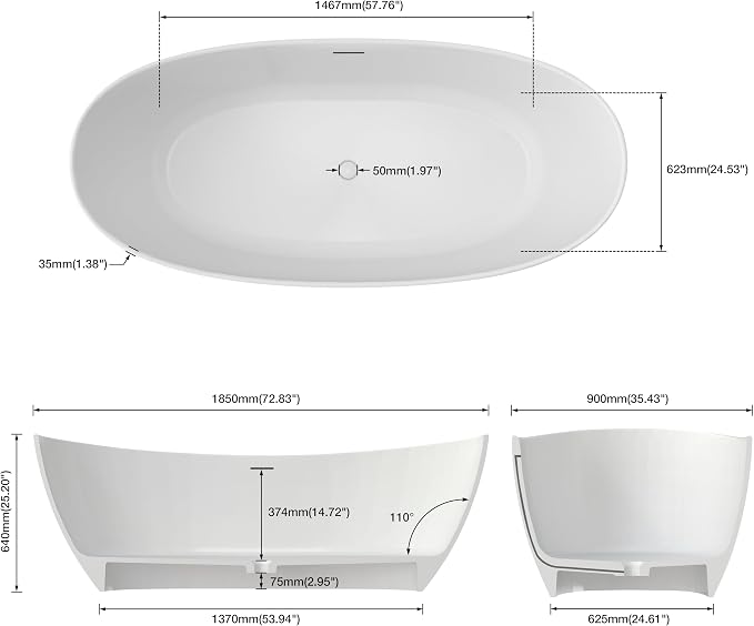 73'' High-back Freestanding Solid Surface Resin Stone Bathtub, Freestanding Tub - Image 3