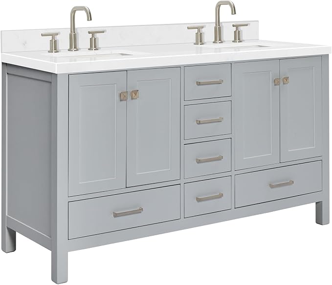 ARIEL Cambridge 60 Inch Grey Bathroom Vanity Double Sink, Solid Wood, Carrara - Image 8