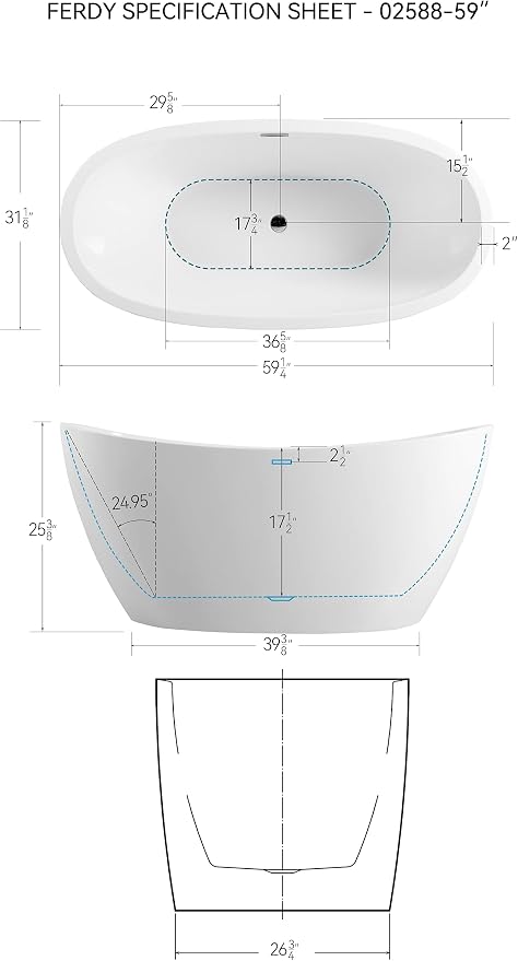 FerdY Naha 59" Acrylic Freestanding Bathtub, Curve Edge Freestanding Soaking - Image 4