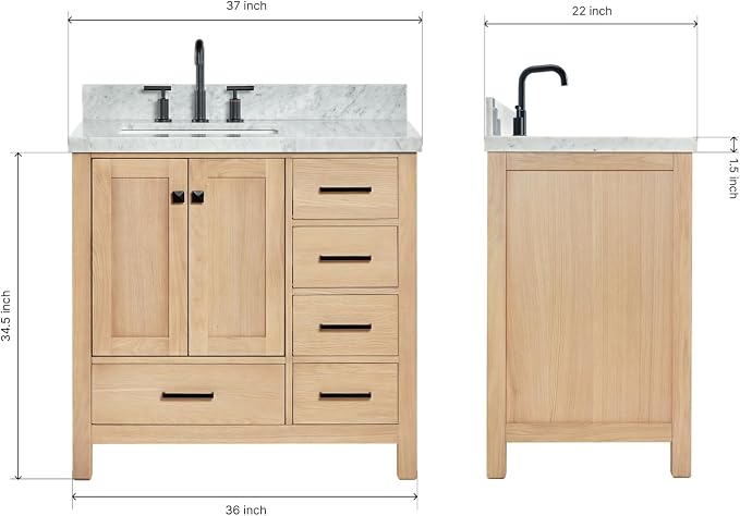 ARIEL Cambridge 37 Inch Oak Bathroom Vanity - Image 2